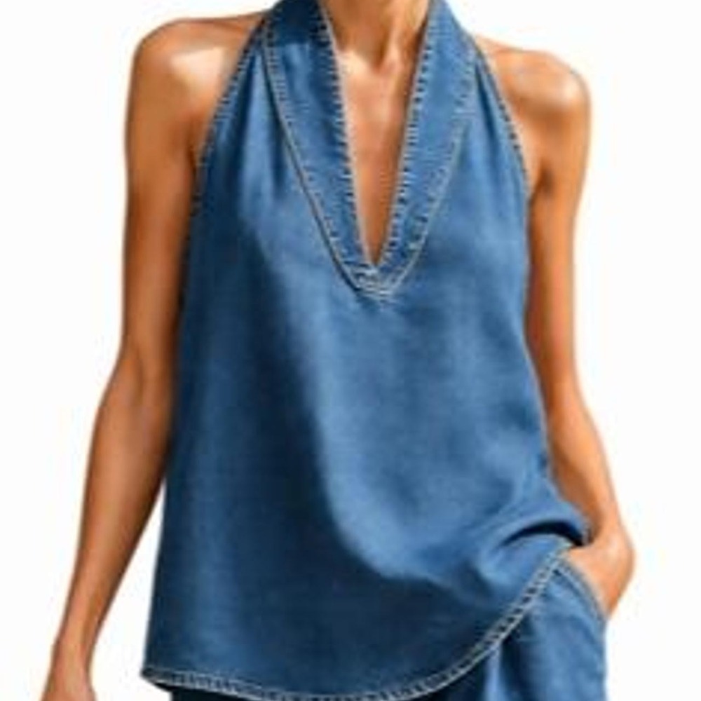 UOOZEE Women's Loose Sleeveless Solid Color V-Neck Vest Top Halter Top
